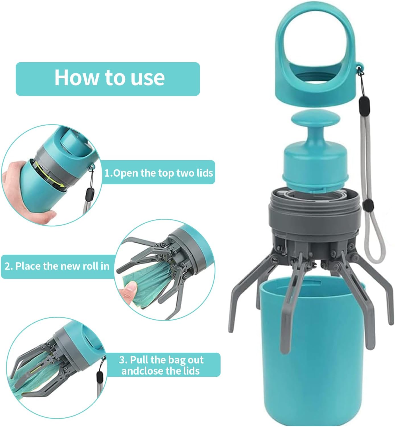 Pooper Scooper, portable no touch poop scooper for small, medium and large dogs, dog waste picker with 15PCS bag attachment and leak-proof waste container