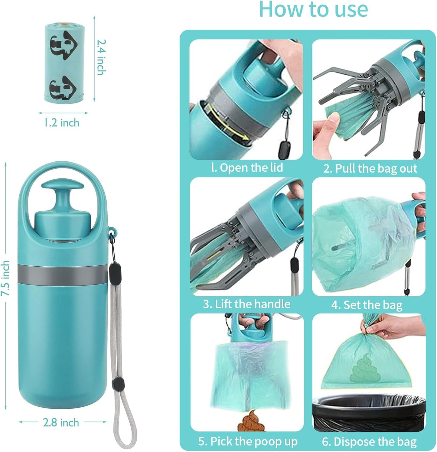 Pooper Scooper, portable no touch poop scooper for small, medium and large dogs, dog waste picker with 15PCS bag attachment and leak-proof waste container